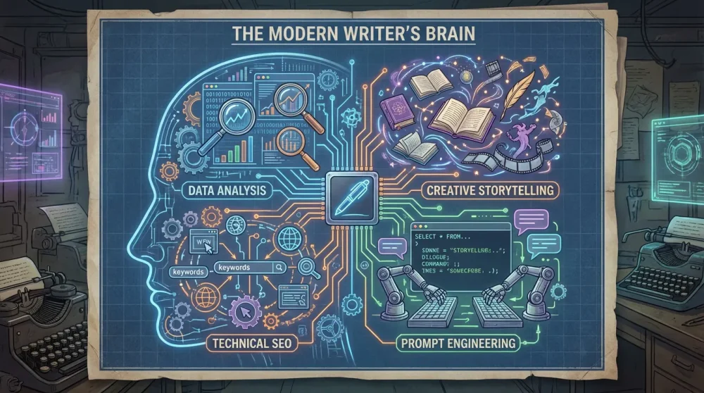 Diagram of core skills for an SEO content writer in 2026 including prompt engineering and data analysis.