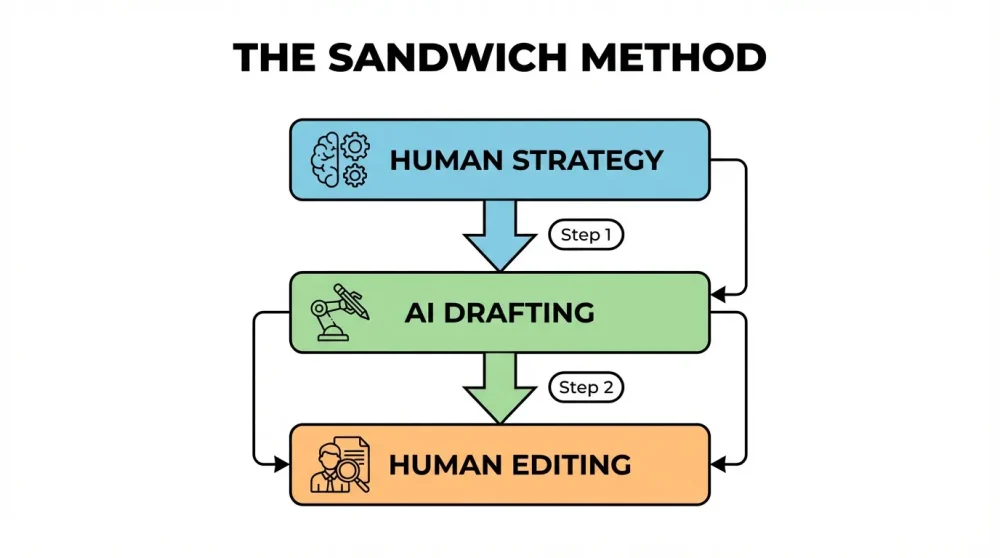 The Sandwich Method workflow for hybrid AI and human content writing.
