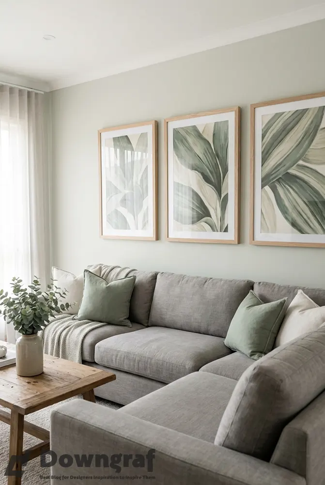 Three botanical prints in oak frames above a grey sectional.