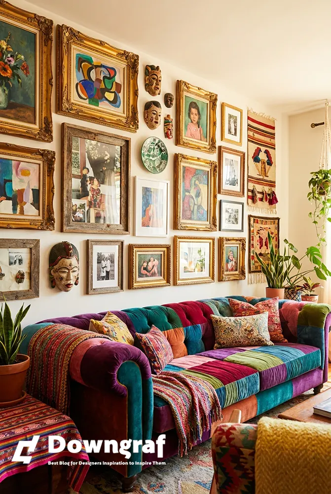Vibrant gallery wall above colorful sofa, eclectic mix.