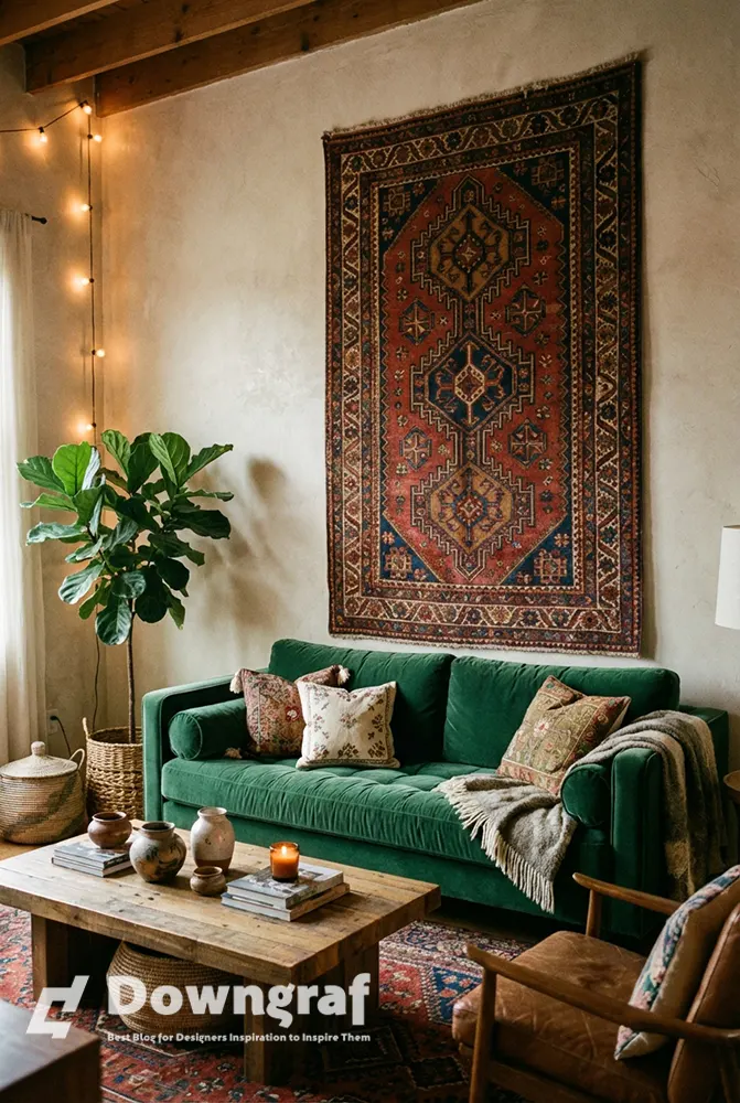 Vintage Kilim rug hanging as a tapestry above a velvet sofa.