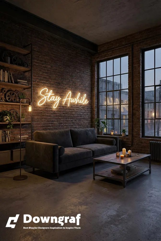 Warm white 'Stay Awhile' sign above velvet sofa.