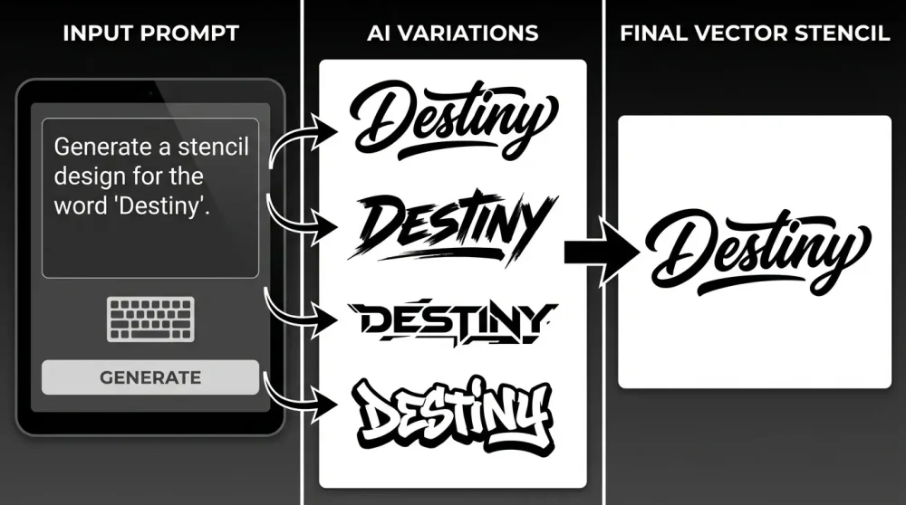 Workflow of an AI tattoo designer tool from text prompt to generated script variations to final vector stencil.