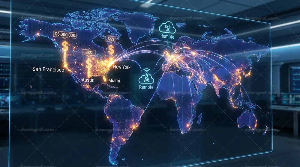 World map of 2026 tech hubs and software engineer salary hotspots.