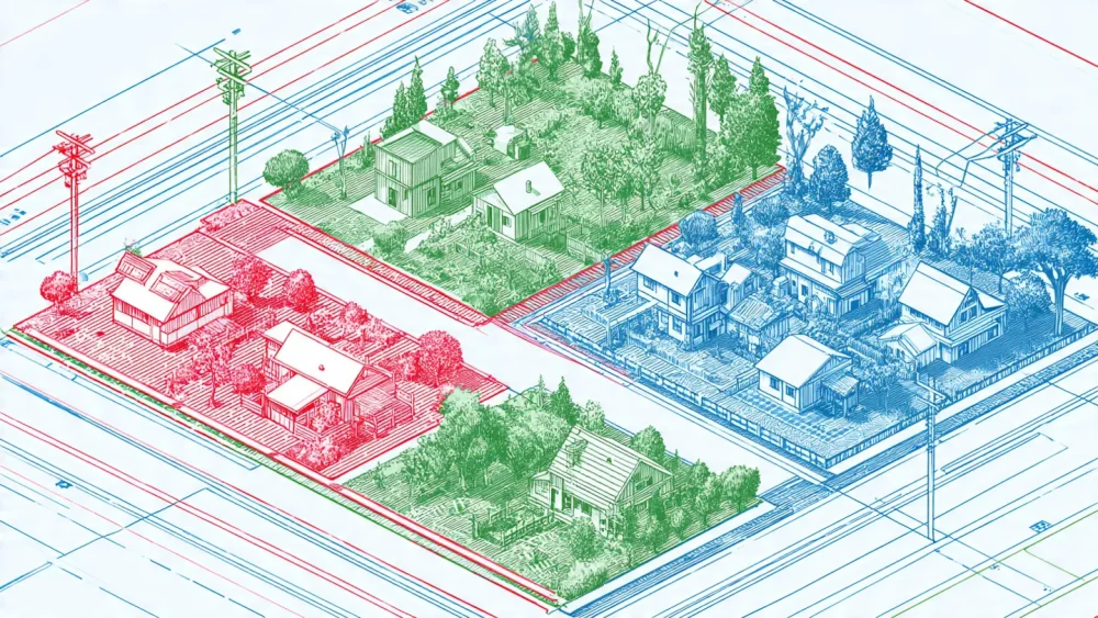 Diagram showing zoning setbacks and buildable areas for shared property zoning laws.
