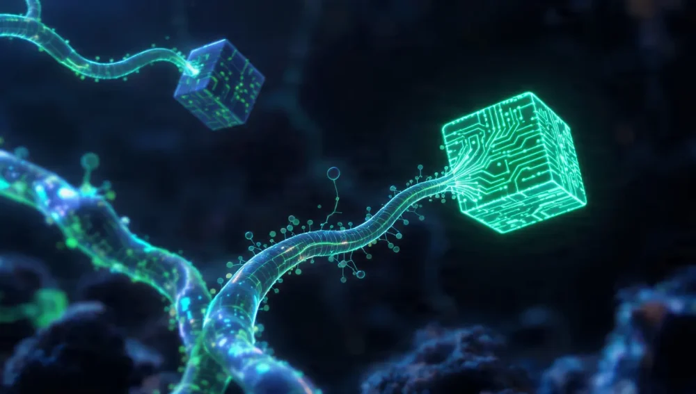 Digital hyphae filaments forming a connection in a Mycelial Data-Navigation System.