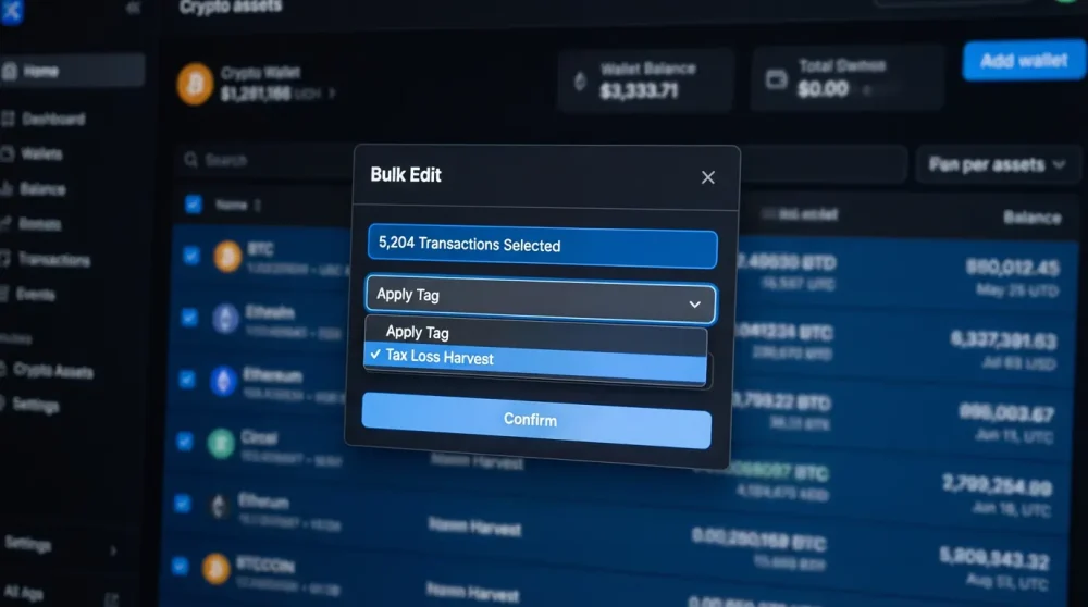 Bulk transaction editing for crypto taxes