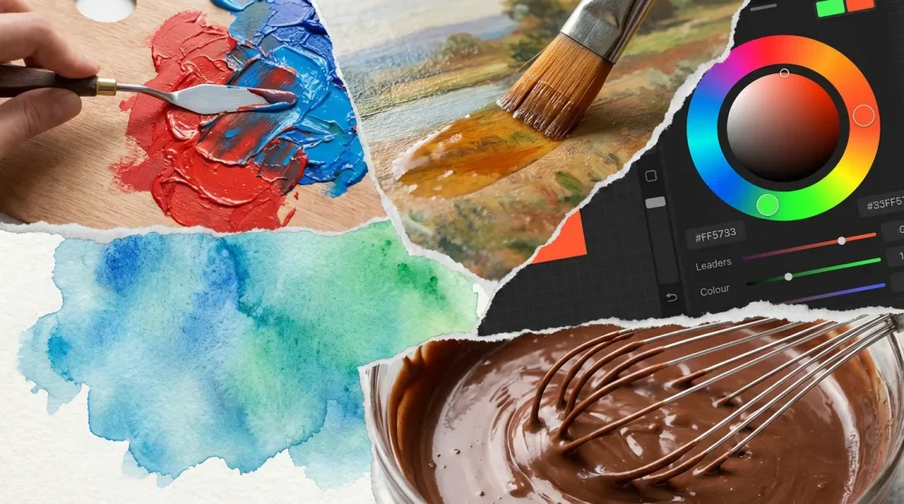 Comparison of mixing brown in acrylics, oils, watercolor, digital RGB to brown, and food coloring.