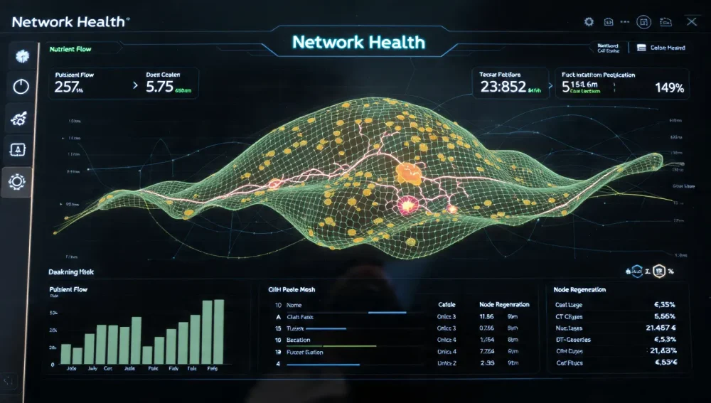 2026 AI Dashboard monitoring the health of a Mycelial Data Network.