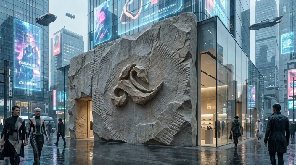 Luxury storefront in 2026 featuring raw, hand-carved signage as a status symbol.
