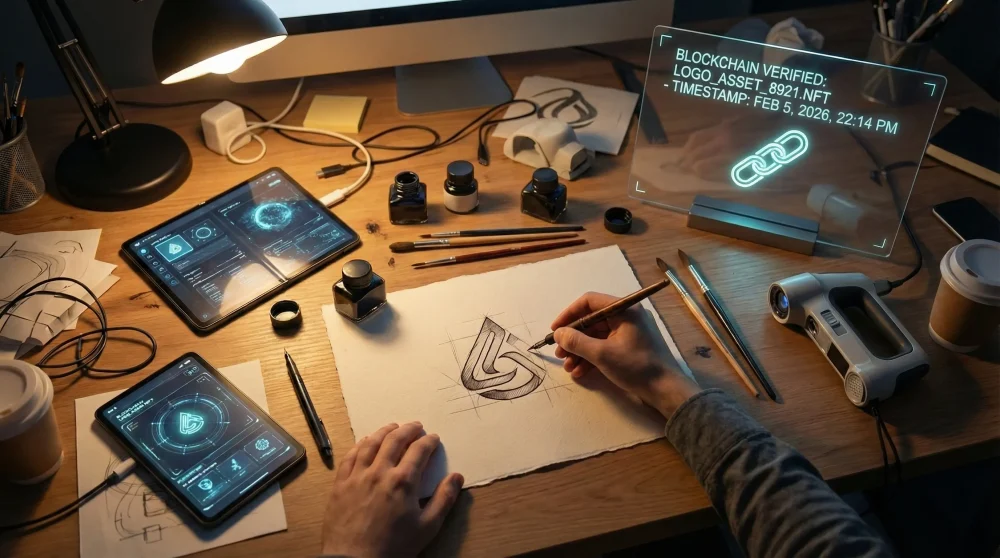 A 2026 design workspace blending analog tools with blockchain verification technology.