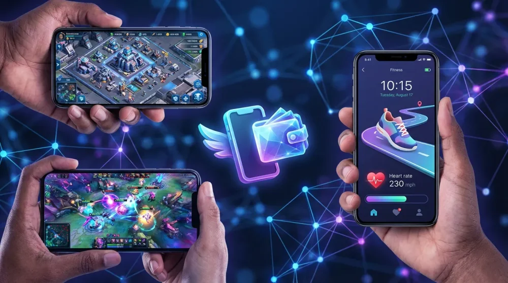 Heroes of Mavia, Thetan Arena, and Walken mobile game interfaces for Android and iOS P2E.