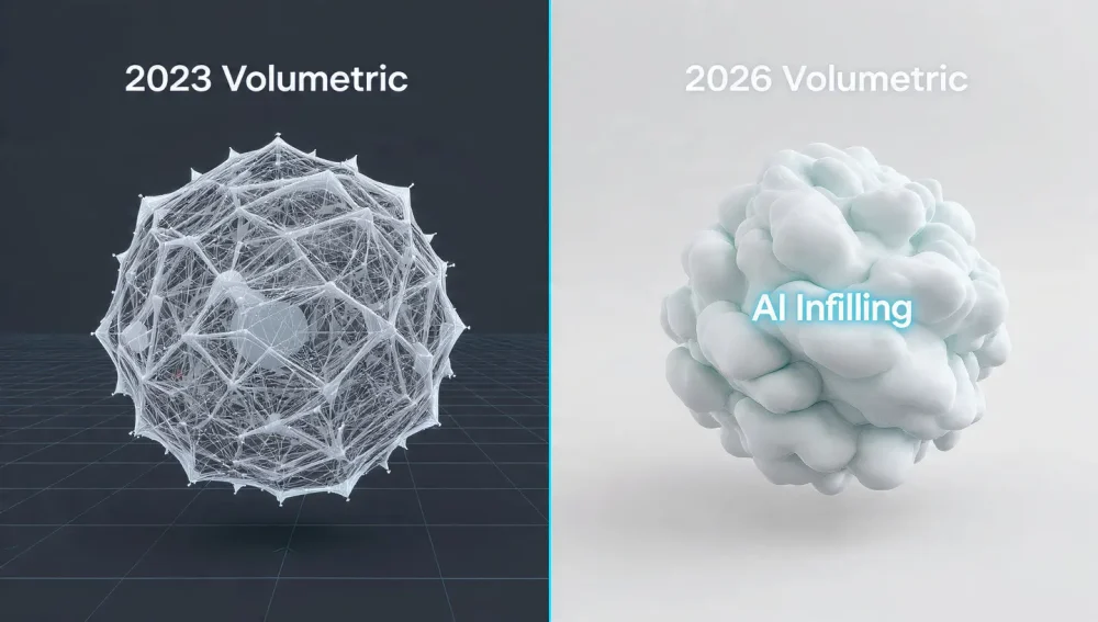 Comparison of 2023 mesh-based volumetric video vs 2026 Gaussian Splatting technology.