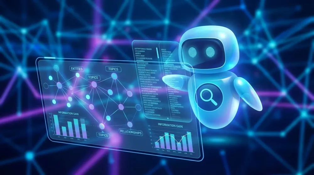 Search engine bot analyzing semantic SEO entities and information gain.