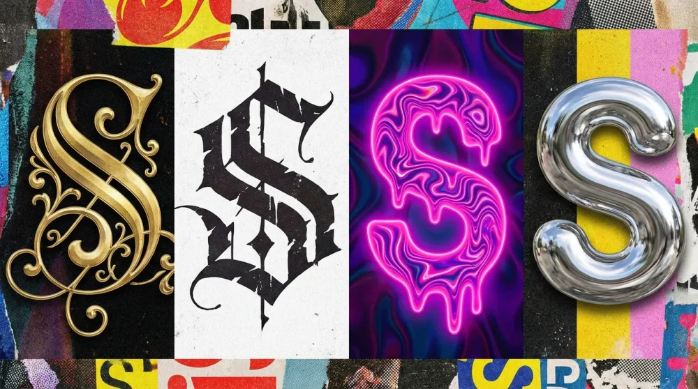 Variety of Script and Display S fonts: Formal, Blackletter, Psychedelic, and 3D.