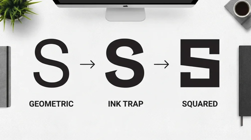 Evolution of Sans-Serif S styles: Geometric, Ink Trap, and Squared variations.