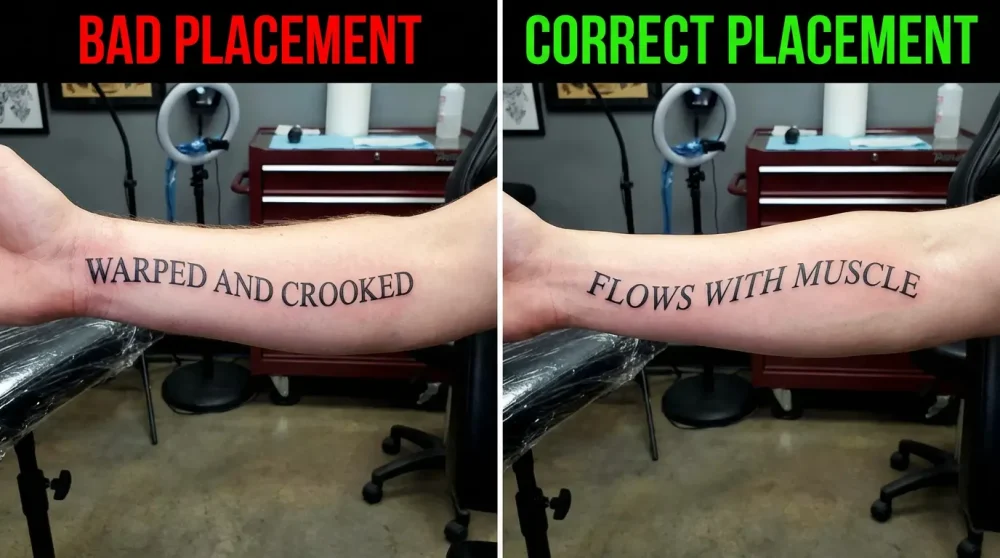 Visual guide on how to curve text for tattoo placement using a typography visualizer.