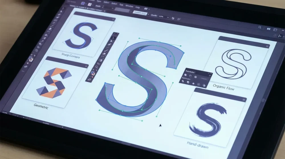 Vector curve editing techniques for customizing the letter S in logo design.