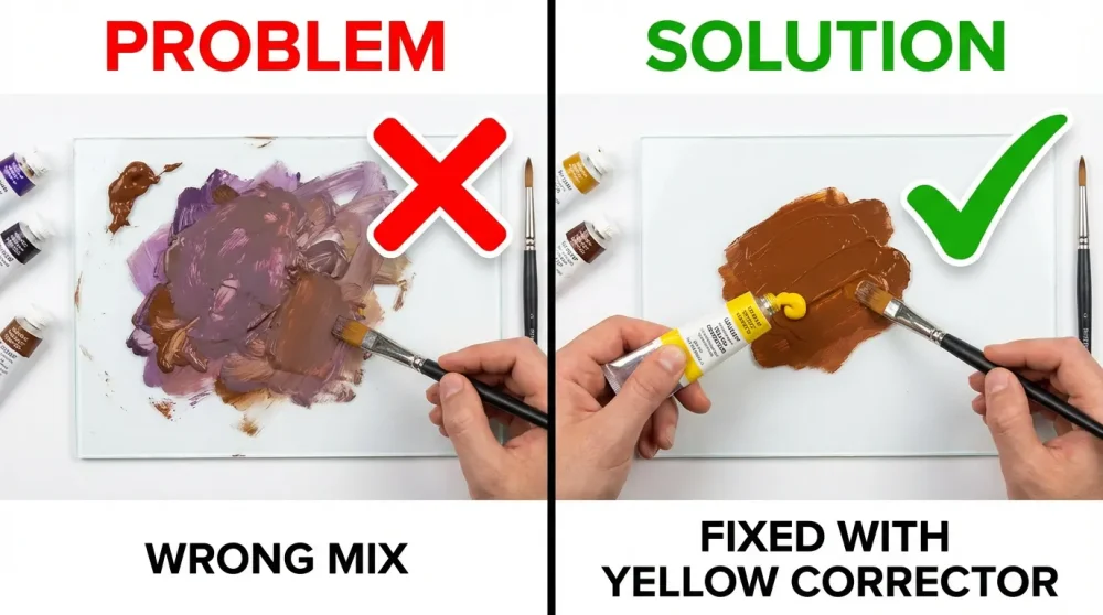 Troubleshooting guide for color mixing: fixing purple or gray brown paint.