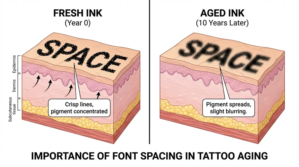 Diagram illustrating tattoo ink spreading over time and why font spacing matters for tattoo aging.