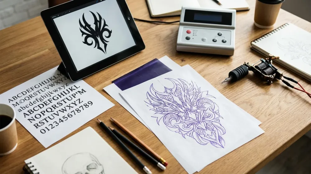 Preparation for a tattoo appointment showing a printed vector stencil reference sheet and digital font files.