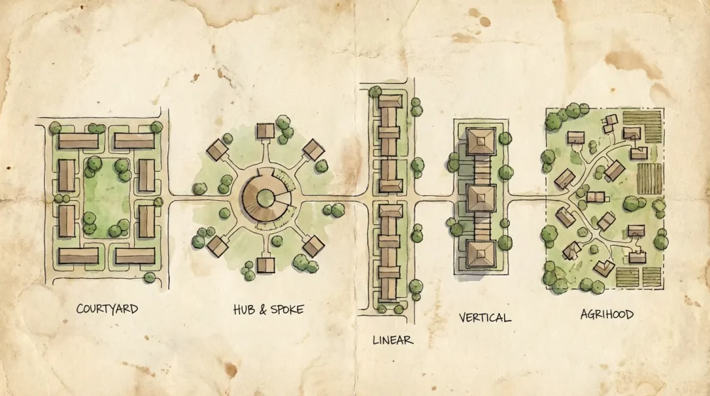 Comparison of 5 multi family compound ideas layout archetypes including courtyard and agrihood styles.