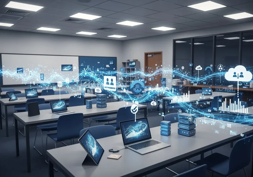A digital classroom archive with data flowing between devices - All About NJ A4978: The Student Data Privacy Law You