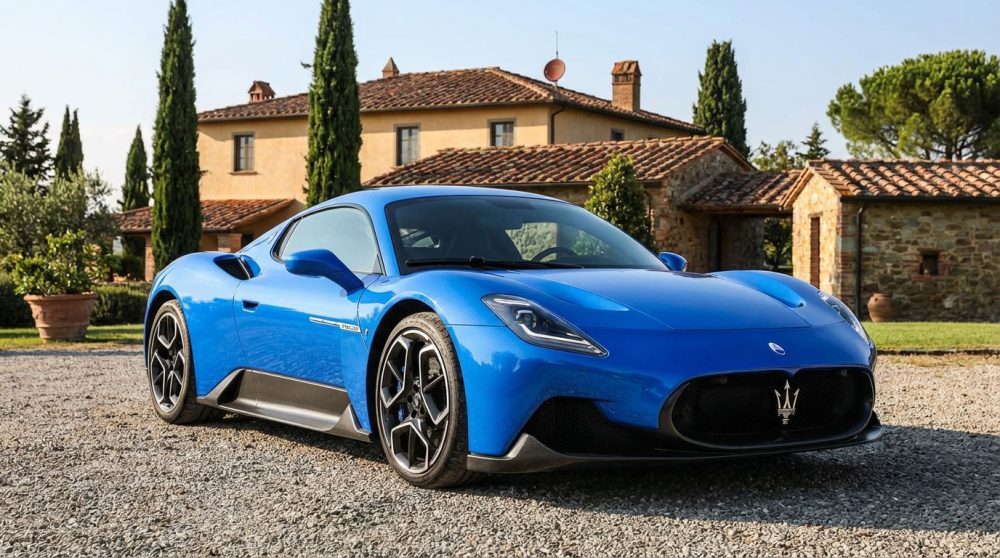 Blue Maserati MC20 supercar parked in Italy
