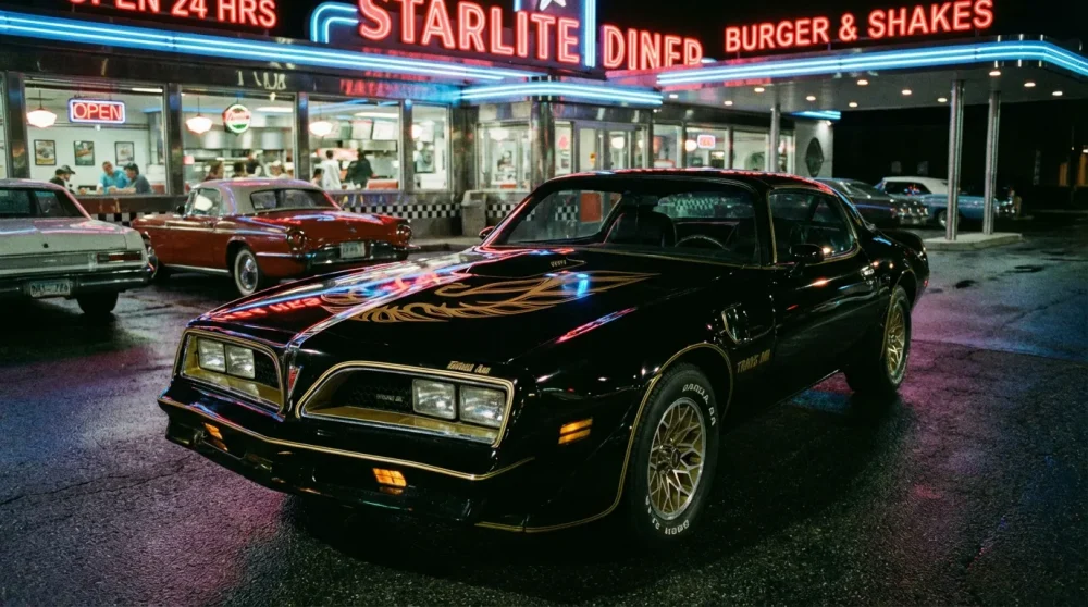 Classic 1977 Pontiac Firebird Trans Am at a diner
