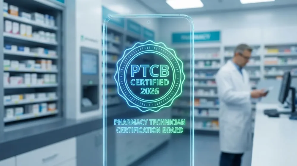 Digital PTCB certification badge displayed on a smartphone.