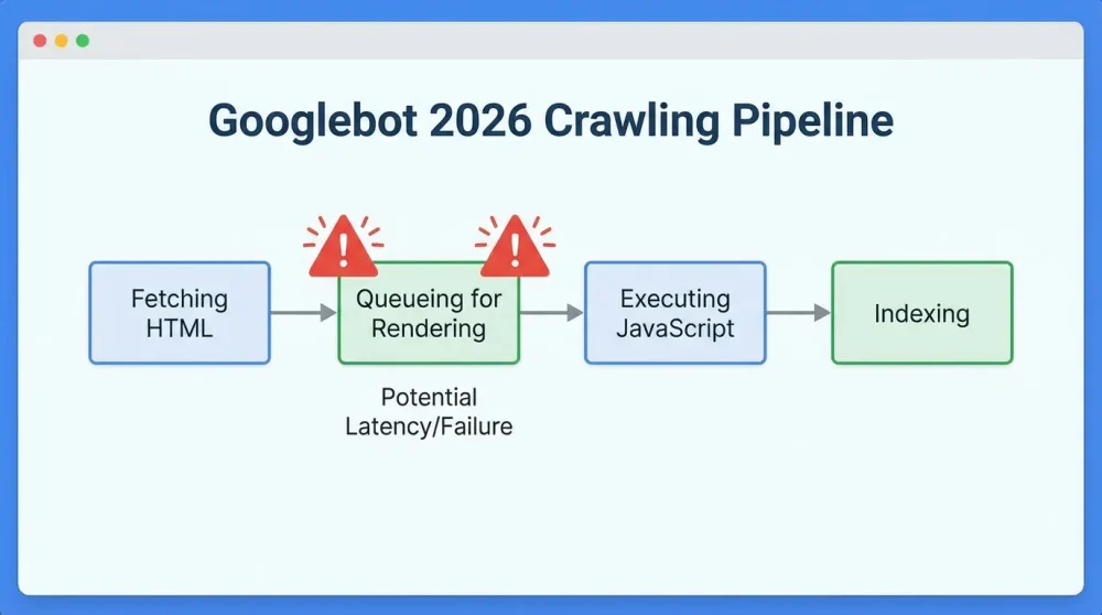 Diagram illustrating the Googlebot rendering queue and indexing latency for JavaScript content