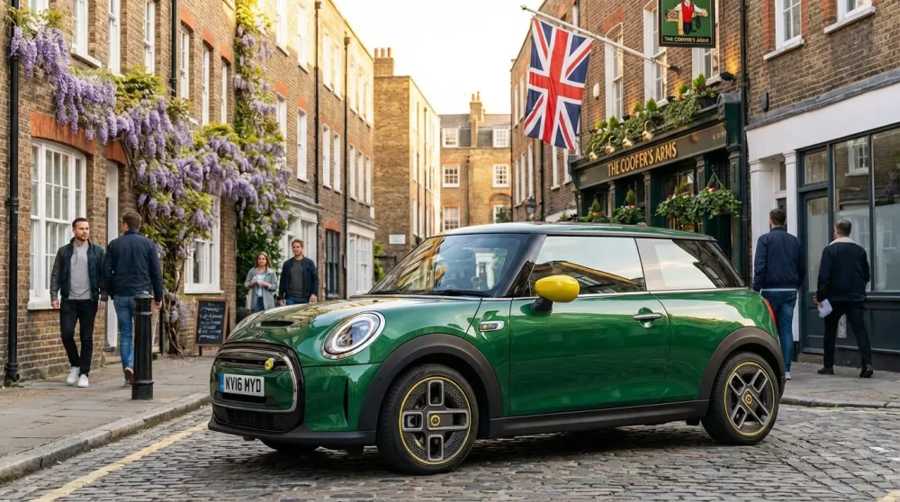 Green Mini Cooper electric car on a street in London