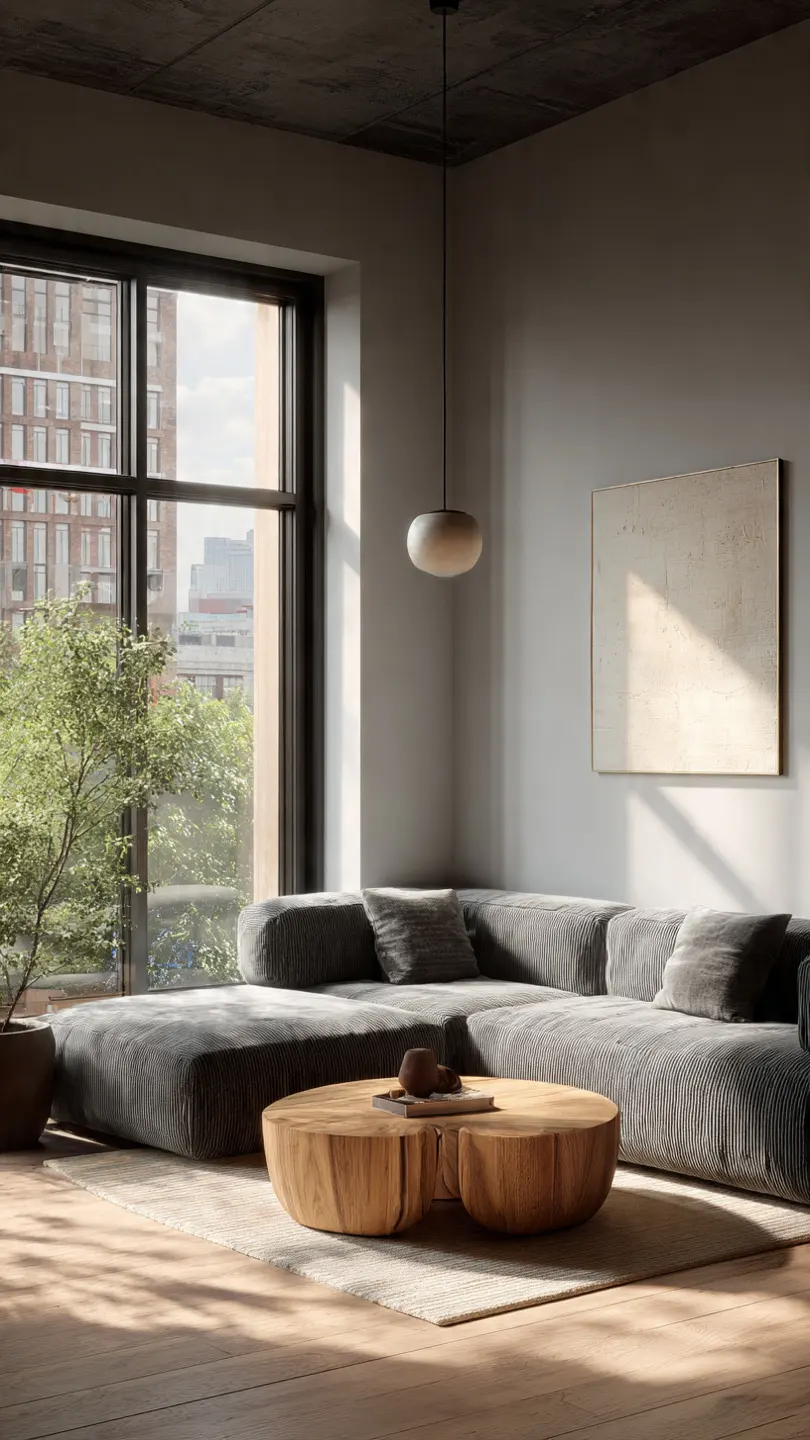 L-shaped sectional sofa maximizing corner space in a 150-square-foot apartment living room.