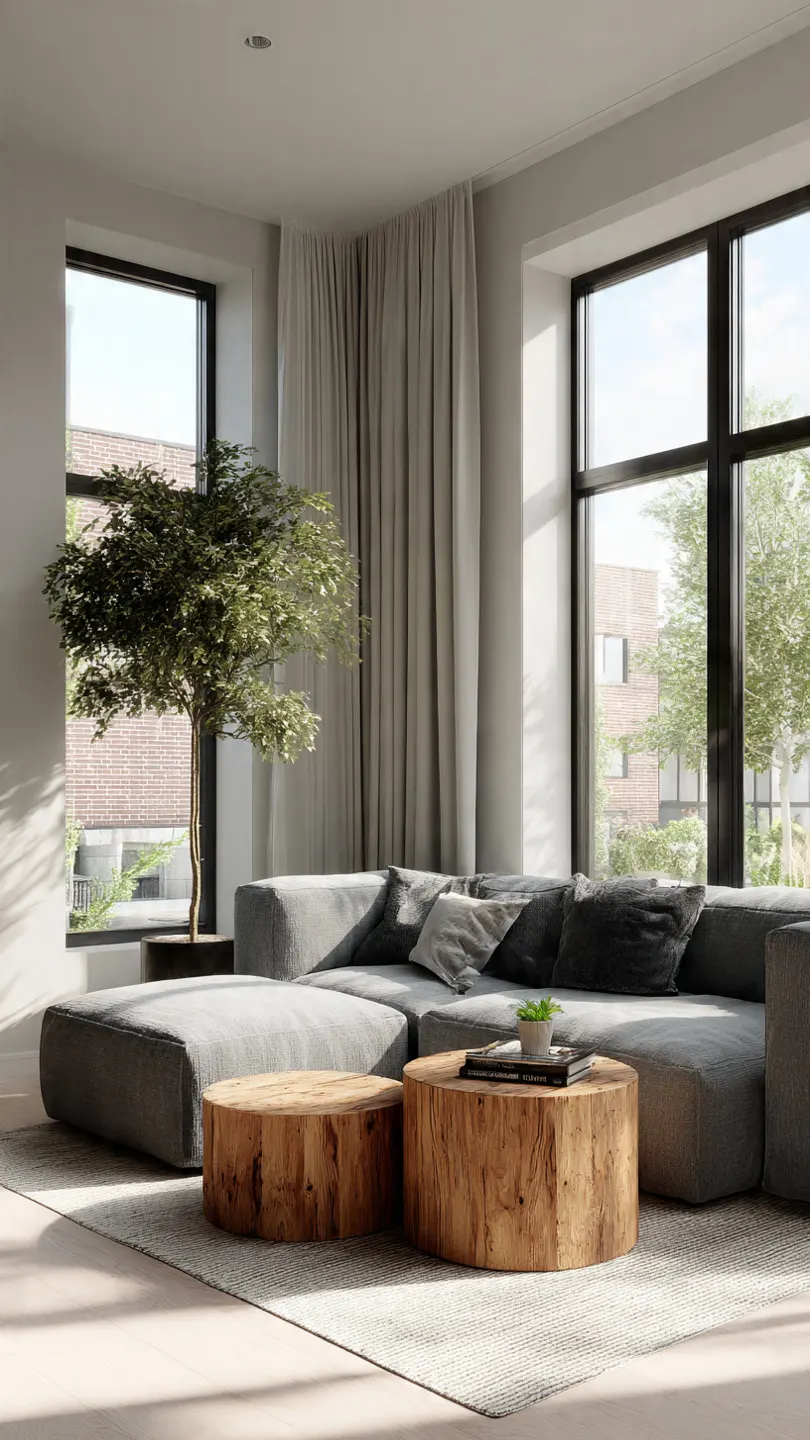 L-shaped sectional sofa maximizing corner space in a 150-square-foot apartment living room.