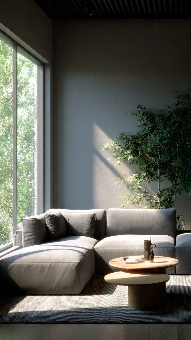 L-shaped sectional sofa maximizing corner space in a 150-square-foot apartment living room.