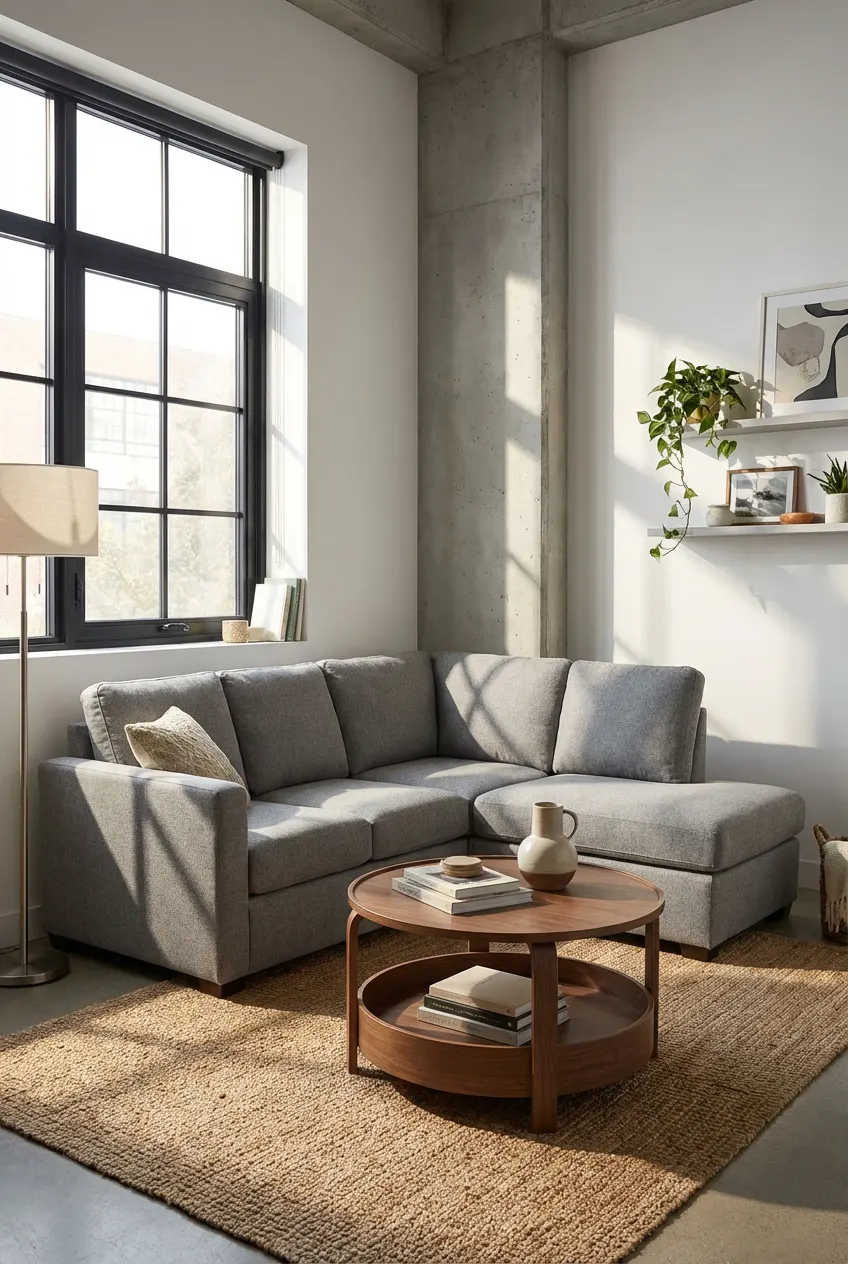 L-shaped sectional sofa maximizing corner space in a 150-square-foot apartment living room.