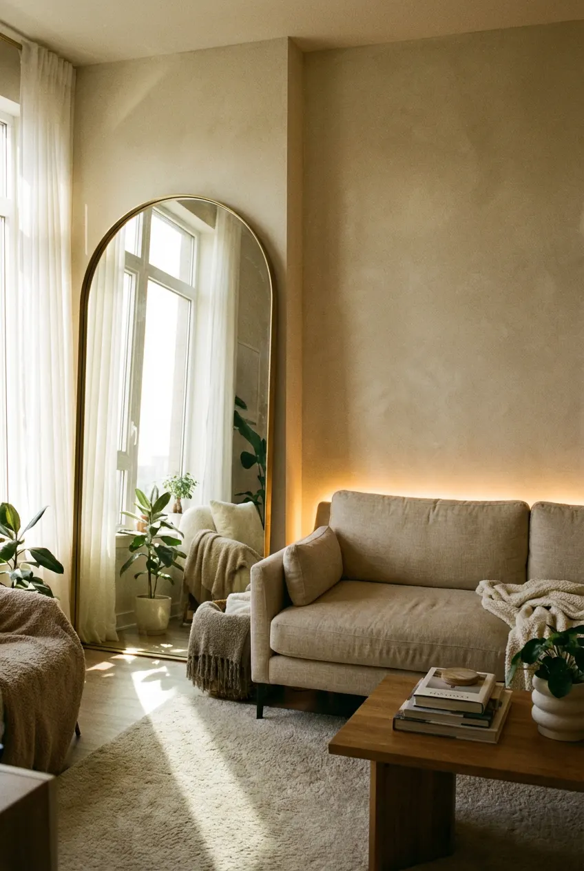 Living room with an oversized arched mirror and ceiling-mounted sheer curtains reflecting natural light.