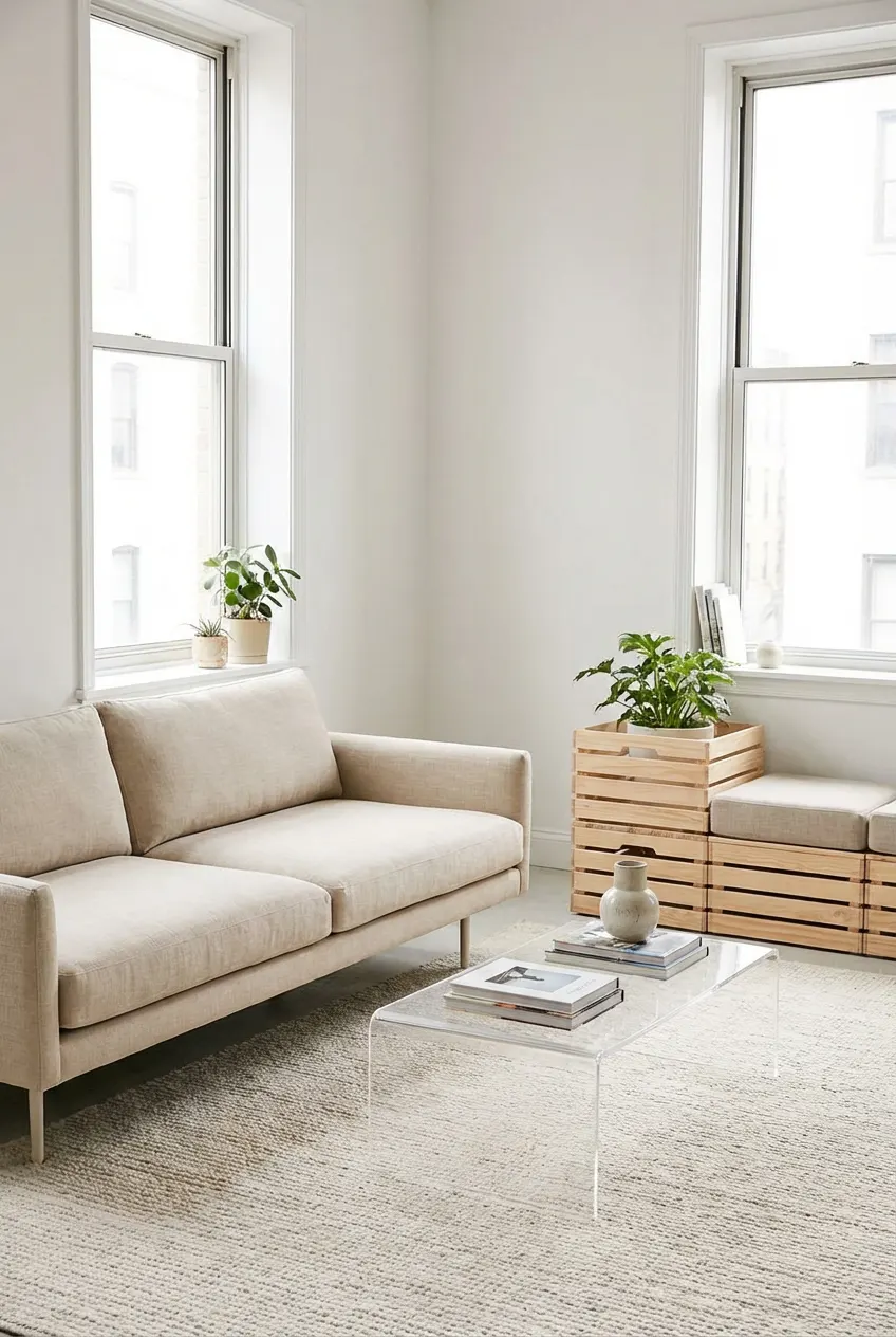 Minimalist living room featuring a lucite coffee table and low-profile sofa to reduce visual weight.