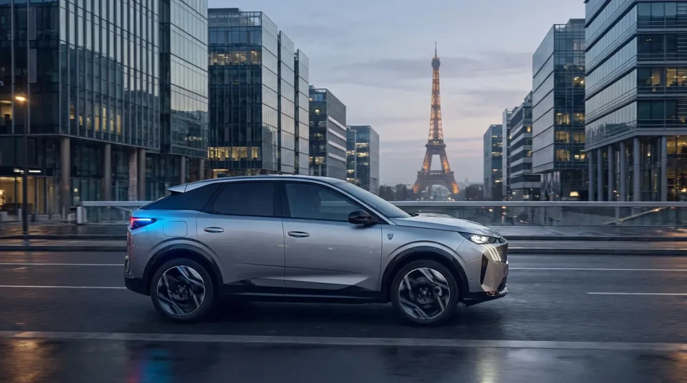 Modern Peugeot electric SUV driving in Paris