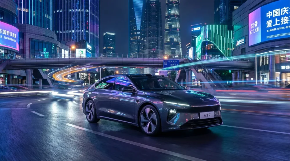 Nio electric car ET7 model driving in a futuristic city setting