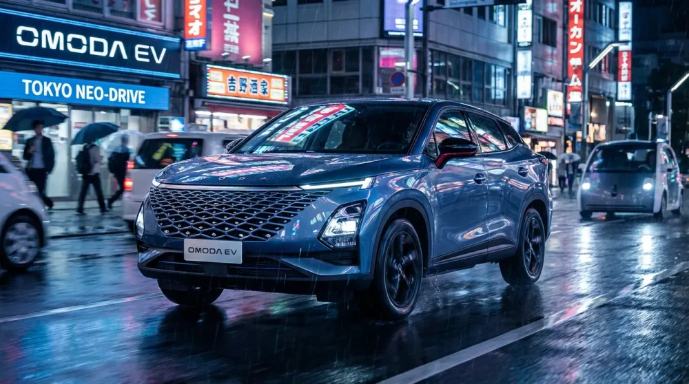 Omoda 5 SUV driving in a futuristic city