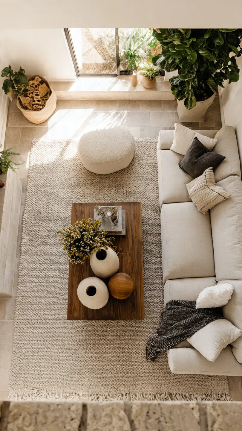 Overhead view of a small living room layout with an oversized rug and floated furniture.