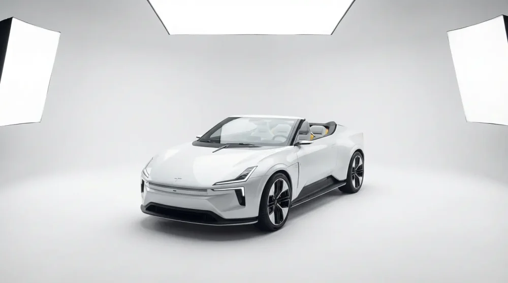 Polestar 6 electric convertible sports car studio shot