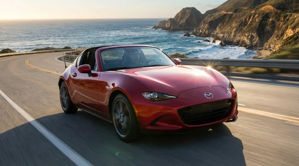 Red Mazda MX-5 Miata convertible driving on a coastal road