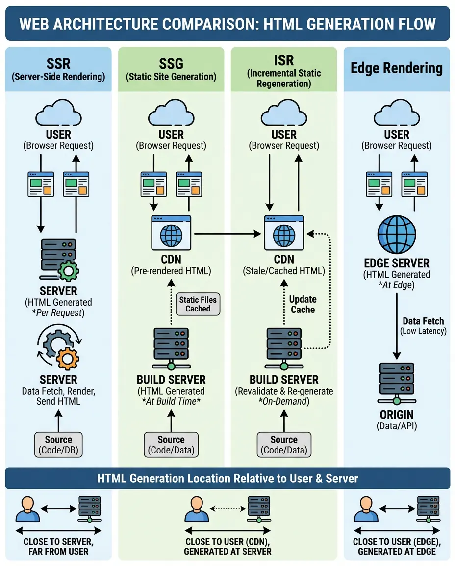 Flowchart displaying Server-Side Rendering vs Static Site Generation vs Edge Rendering architectures.