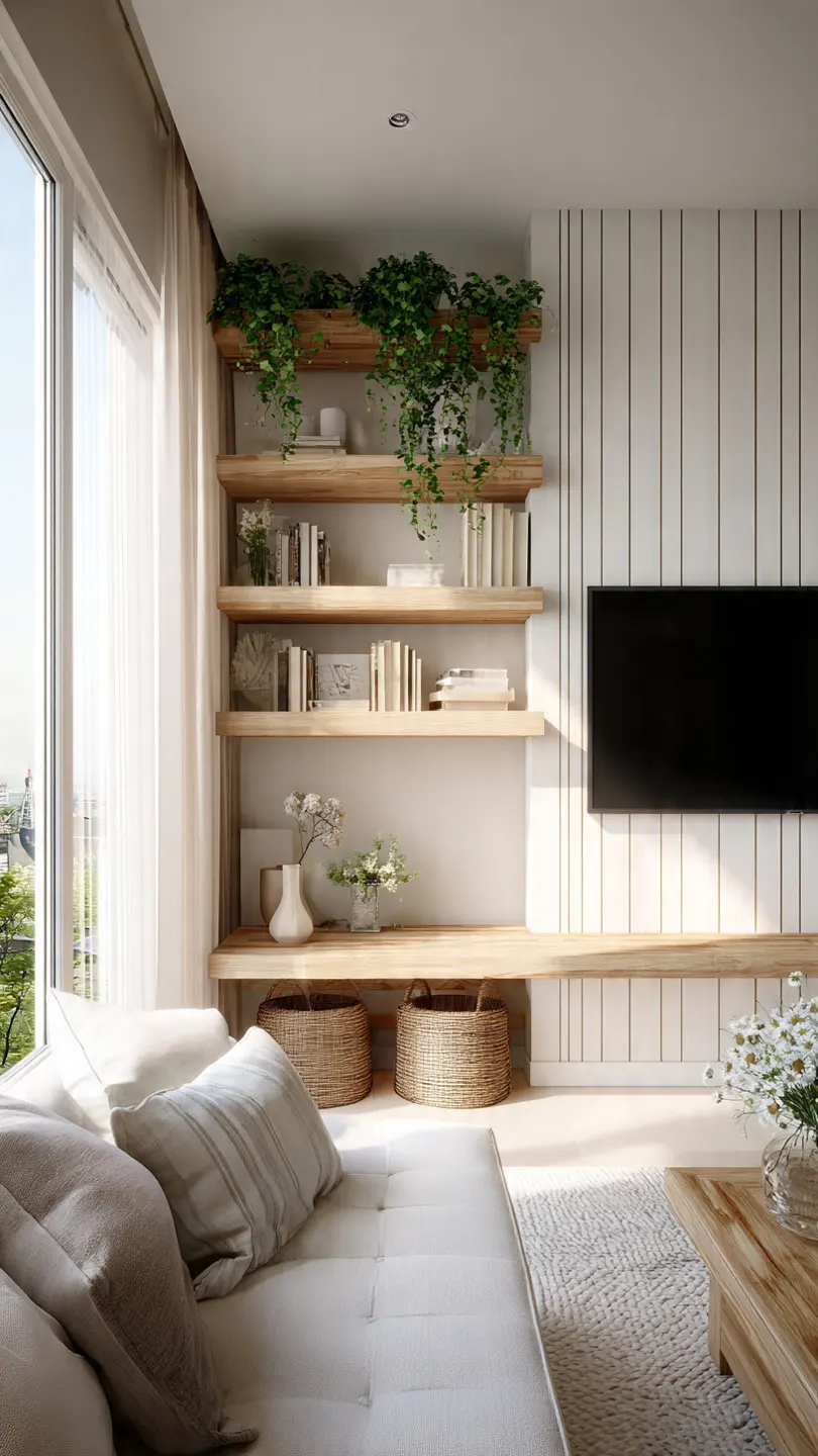 Small living room utilizing vertical space with floating shelves and a wall-mounted TV without a console.