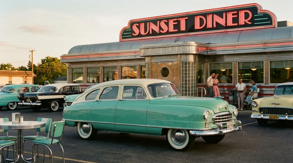 Vintage Nash Motors car at a diner