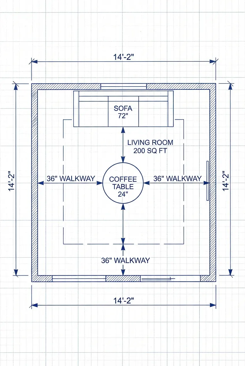 Overhead architectural blueprint demonstrating 36-inch traffic clearance pathways in a 200-square-foot small apartment living room.