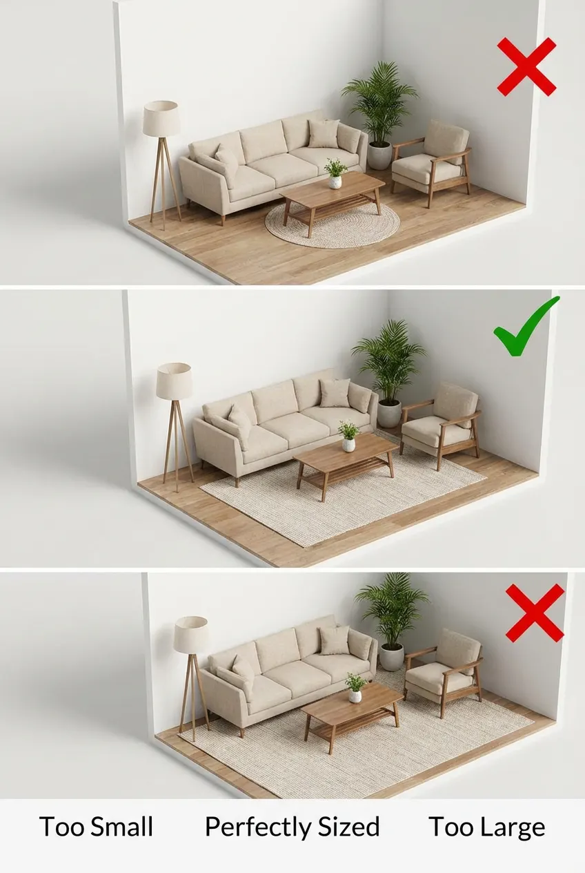 Comparison of correct and incorrect area rug sizes in a small apartment living room.