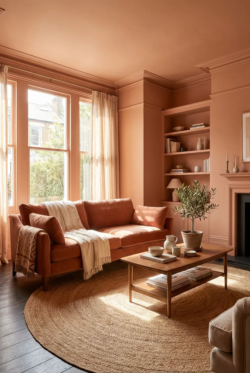 A small living room utilizing color drenching with terracotta paint to make the space look bigger.